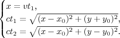 $$\begin{cases}x=vt_1\text{,}\\ ct_1=\sqrt{(x-x_0)^2+(y+y_0)^2}\text{,}\\ ct_2=\sqrt{(x-x_0)^2+(y-y_0)^2}\text{.}\end{cases}$$