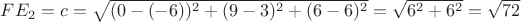 $FE_2=c=\sqrt{(0-(-6))^2+(9-3)^2+(6-6)^2}=\sqrt{6^2+6^2}=\sqrt{72}$