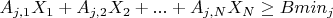 $A_{j,1} X_1 + A_{j,2} X_2 + ... + A_{j,N} X_N \geq Bmin_j$