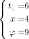 $\left\{ \begin{alignedat}{2}t_{1} & = & 6\\
x & = & 4\\
\varphi & = & 9
\end{alignedat}
\right.