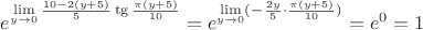 $e^{\lim\limits_{y\rightarrow 0}\frac{10-2(y+5)}{5}\tg{\frac{\pi (y+5)}{10}}}=e^{\lim\limits_{y\rightarrow 0}(-\frac{2y}{5}\cdot\frac{\pi (y+5)}{10})}=e^0=1$