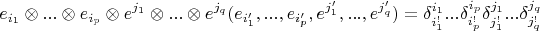 \[
 e_{i_1 }  \otimes ... \otimes e_{i_p }  \otimes e^{j_1 }  \otimes ... \otimes e^{j_q } (e_{i'_1 } ,...,e_{i'_p } ,e^{j'_1 } ,...,e^{j'_q } ) =  \delta _{i_1^! }^{i_1 } ...\delta _{i_p^! }^{i_p } \delta _{j_1^! }^{j_1 } ...\delta _{j_q^! }^{j_q } 
\]