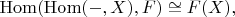 $\mathrm{Hom}(\mathrm{Hom}(-,X),F)\cong F(X),$