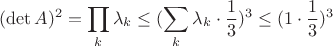 $$
(\det{A})^2=\prod\limits_{k}\lambda_k\leq(\sum\limits_k\lambda_k\cdot\frac{1}{3})^3\leq(1\cdot\frac{1}{3})^3
$$