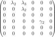 $$
\begin{pmatrix}
0 & \lambda_2 & \lambda_3 & 0 & 0 & 0 \\
0 & 0 & \lambda_2 & 0 & 0 & 0 \\
0 & 0 & 0 & 0 & 0 & 0 \\
0 & 0 & 0 & 0 & \gamma_2 & 0 \\
0 & 0 & 0 & 0 & 0 & 0 \\
0 & 0 & 0& 0 & 0 & 0 \\
\end{pmatrix}
$$