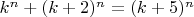 $k^n+(k+2)^n=(k+5)^n$
