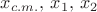$x_{c.m.},\,x_1,\, x_2$