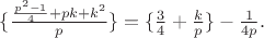 $\{\frac{\frac{p^2-1}{4}+pk+k^2}{p}\}=\{\frac 34 +\frac kp\}-\frac{1}{4p}.$