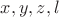 $x,y,z,l$