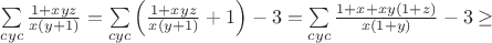 $\sum\limits_{cyc}\frac{1+xyz}{x(y+1)}=\sum\limits_{cyc}\left(\frac{1+xyz}{x(y+1)}+1\right)-3=\sum\limits_{cyc}\frac{1+x+xy(1+z)}{x(1+y)}-3\geq$