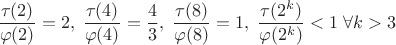 $\dfrac{\tau(2)}{\varphi(2)}=2,\;\dfrac{\tau(4)}{\varphi(4)}=\dfrac 4 3,\;\dfrac{\tau(8)}{\varphi(8)}=1,\;\dfrac{\tau(2^k)}{\varphi(2^k)}<1 \;\forall k>3$