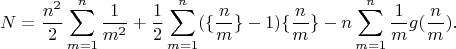 $$N=\frac{n^2}{2}\sum_{m=1}^n\frac{1}{m^2} +\frac 12 \sum_{m=1}^n(\{\frac nm\}-1)\{\frac nm\}-n\sum_{m=1}^n\frac 1m g(\frac nm).$$