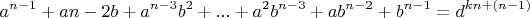 $$a^{n-1}+a{n-2}b+a^{n-3}b^2+...+a^2b^{n-3}+ab^{n-2}+b^{n-1}=
d^{kn+(n-1)}$$