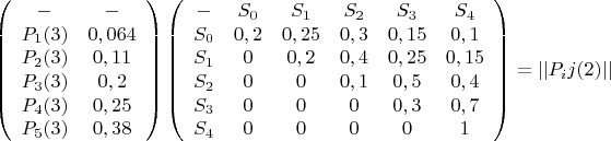 $$\left( \begin{array}{cc} - & - \\
P_1(3) & 0,064 \\
P_2(3) & 0,11 \\ 
P_3(3) & 0,2\\
P_4(3) & 0,25\\
P_5(3) & 0,38$\end{array} \right) \left( \begin{array}{cccccс} - & S_0 & S_1 & S_2 & S_3 & S_4 \\
S_0 & 0,2 & 0,25 & 0,3 & 0,15 & 0,1 \\ 
S_1 & 0 & 0,2 & 0,4 & 0,25 & 0,15\\
S_2 & 0 & 0 & 0,1 & 0,5 & 0,4\\
S_3 & 0 & 0 & 0 & 0,3 & 0,7\\
S_4 & 0 & 0 & 0 & 0 & 1\end{array} \right) = ||P_ij(2)||$$