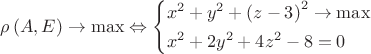 $\[\rho \left( {A,E} \right) \to \max  \Leftrightarrow \left\{ \begin{gathered}
  {x^2} + {y^2} + {\left( {z - 3} \right)^2} \to \max  \hfill \\
  {x^2} + 2{y^2} + 4{z^2} - 8 = 0 \hfill \\ 
\end{gathered}  \right.\]
$
