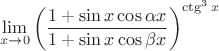 $$\mathop {\lim }\limits_{x \to 0} \left( {\frac{{1 + \sin x\cos \alpha x}}
{{1 + \sin x\cos \beta x}}} \right)^{\operatorname{ctg} ^3 x} $$