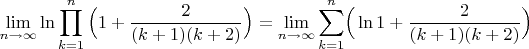 $$\lim\limits_{n \to \infty}{\ln\prod\limits_{k=1}^{n}{\Bigr(1+\frac{2}{(k+1)(k+2)}\Bigr)}} = \lim\limits_{n \to \infty}{\sum\limits_{k=1}^{n}\Bigr(\ln{1+\frac{2}{(k+1)(k+2)}\Bigr)}}$$