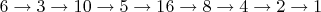 $6 \to 3 \to 10 \to 5 \to 16 \to 8 \to 4 \to 2 \to 1$