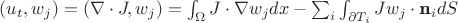 $(u_t, w_j) = (\nabla \cdot J, w_j) = \int_{\Omega} J \cdot \nabla w_j d x - \sum_{i} \int_{\partial T_i} J w_j \cdot \textbf{n}_i dS $