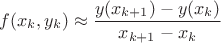 $$
f(x_k,y_k)\approx \frac{y(x_{k+1}) - y(x_k)}{x_{k+1} - x_k}
$$ $$
f(x_k,y_k)\approx \frac{y(x_{k+1}) - y(x_k)}{x_{k+1} - x_k}
$$