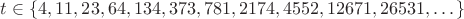 $t \in \{4,11,23,64,134,373,781,2174,4552,12671,26531,\dots\}$