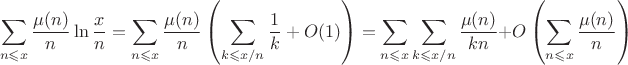 $$\sum\limits_{n\leqslant x}\frac{\mu(n)}{n}\ln\frac{x}{n}=
\sum\limits_{n\leqslant x}\frac{\mu(n)}{n}\left(\sum\limits_{k\leqslant x/n}\frac{1}{k}+O(1)\right)=
\sum\limits_{n\leqslant x}\sum\limits_{k\leqslant x/n}\frac{\mu(n)}{kn}+O\left(\sum\limits_{n\leqslant x}\frac{\mu(n)}{n}\right)$$
