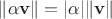 $\lVert \alpha\mathbf v\rVert = |\alpha|\lVert\mathbf v\rVert$