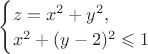 $
\begin{cases}
z=x^2+y^2,\\
x^2+(y-2)^2 \leqslant 1
\end{cases}
$