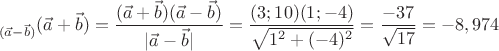 \[
{}_{(\vec a - \vec b)}(\vec a + \vec b) = \frac{{(\vec a + \vec b)(\vec a - \vec b)}}
{{|\vec a - \vec b|}} = \frac{{(3;10)(1; - 4)}}
{{\sqrt {1^2  + ( - 4)^2 } }} = \frac{{ - 37}}
{{\sqrt {17} }} =  - 8,974
\]