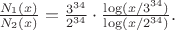 $\frac{N_1(x)}{N_2(x)} = \frac{3^{34}}{2^{34}} \cdot \frac{\log(x / 3^{34})}{\log(x / 2^{34})}.$