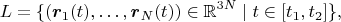$$L=\{(\boldsymbol r_1(t),\ldots,\boldsymbol r_N(t))\in\mathbb{R}^{3N}\mid t\in[t_1,t_2]\},$$