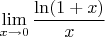 $\lim\limits_{x\to0}\dfrac{\ln(1+x)}{x}$