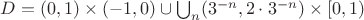 $D = (0, 1) \times (-1, 0) \cup \bigcup_n (3^{-n}, 2\cdot 3^{-n}) \times [0, 1)$