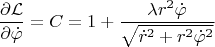 $$
\frac{\partial \mathcal L}{\partial \dot \varphi} = C  = 1 + \dfrac{\lambda r^2 \dot \varphi}{\sqrt{\dot r^2 + r^2 \dot \varphi^2}}
$$