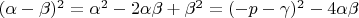 $(\alpha-\beta)^2=\alpha^2-2\alpha\beta+\beta^2=(-p-\gamma)^2-4\alpha\beta$