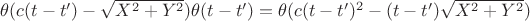 $\theta(c(t-t')-\sqrt{X^2+Y^2})\theta(t-t')=\theta(c(t-t')^2-(t-t')\sqrt{X^2+Y^2})$