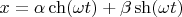 $\[x = \alpha\ch (\omega t) + \beta \sh (\omega t)\]$