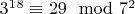 $3^1^8\equiv29\mod 7^2$