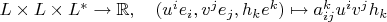$L\times L\times L^*\to\mathbb{R},\quad (u^ie_i,v^je_j, h_ke^k)\mapsto a_{ij}^ku^iv^jh_k$