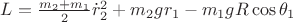 $L=\frac{m_2+m_1}{2}\dot r_2^2+m_2gr_1-m_1gR\cos\theta_1$ $L=\frac{m_2+m_1}{2}\dot r_2^2+m_2gr_1-m_1gR\cos\theta_1$