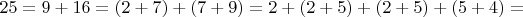 $25=9+16=(2+7)+(7+9)=2+(2+5)+(2+5)+(5+4)=$