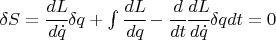 $ \delta S = \cfrac{dL}{d \dot q} \delta q + \int \cfrac{dL}{dq} - \cfrac{d}{dt} \cfrac{dL}{d \dot q} \delta q dt=0 $