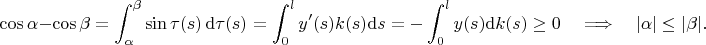 $$\cos\alpha-\cos\beta=\int_{\alpha}^{\beta}\sin\tau(s)\, {\mathrm d}\tau(s)=
      \int_0^l{y^\prime}(s)k(s)}{\mathrm d}s=-\int_0^l{y(s)}{\mathrm d}k(s)\ge 0
      \quad \Longrightarrow \quad |\alpha|\le|\beta|.
$$