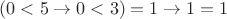 $(0 < 5 \to 0 < 3) = 1 \to 1 = 1$