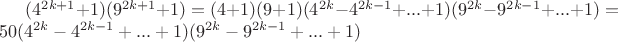 $(4^{2k+1} +1)(9^{2k+1}+1) = (4+1)(9+1)(4^{2k} - 4^{2k-1} + ... + 1)(9^{2k} - 9^{2k-1} + ... + 1) = 50(4^{2k} - 4^{2k-1} + ... + 1)(9^{2k} - 9^{2k-1} + ... + 1) $
