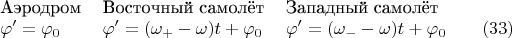 \begin{tabular}{lll}Аэродром&Восточный самолёт&Западный самолёт\\ $\varphi'=\varphi_0$ & $\varphi'=(\omega_+ -\omega)t+\varphi_0$ & $\varphi'=(\omega_- -\omega)t+\varphi_0\qquad\eqno{(33)}$ \end{tabular}