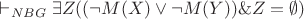 $\vdash_{NBG} \exists Z (( \neg M(X) \vee \neg M(Y)) \& Z =\emptyset)$