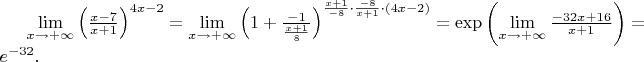 $\lim\limits_{x\rightarrow+\infty}\left(\frac{x-7}{x+1}\right)^{4x-2}=\lim\limits_{x\rightarrow+\infty}\left(1+\frac{-1}{\frac{x+1}{8}}\right)^{\frac{x+1}{-8}\cdot \frac {-8}{x+1}\cdot (4x-2)}=\exp\left(\lim\limits_{x\rightarrow+\infty}{\frac{-32x+16}{x+1}}\right)=e^{-32}.$