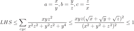 $$a=\frac{x}{y} , b=\frac{y}{z} , c=\frac{z}{x}   $$

$$LHS \le \sum_{cyc}\frac{xyz^2}{x^2z^2+y^2z^2+y^4}\le \frac{xyz(\sqrt{x}+\sqrt{y}+\sqrt{z})^2}{(x^2+y^2+z^2)^2} \le 1$$