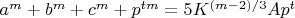 $a^{m}+ b^{m}+ c^{m}+ p^{tm}=5K^{(m-2)/3} Ap^{t}$